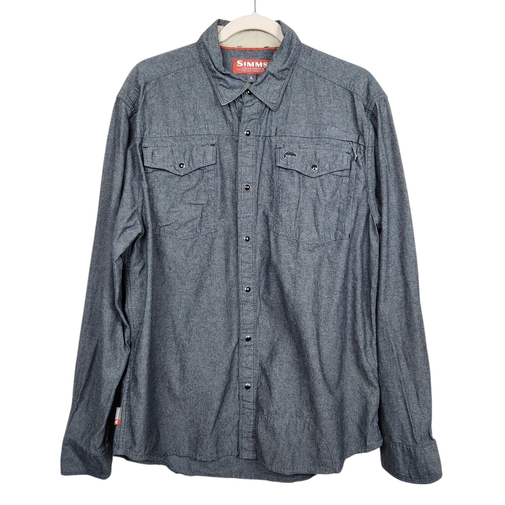 Simms Fishing Heathered Grey Long Sleeve Pearl Snap Long Sleeve Shirt Men Size L